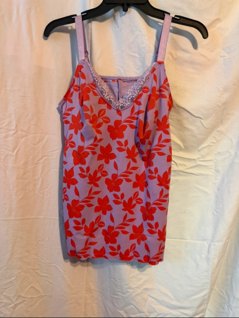 Ruby Ribbon Lavender Slip with Red Floral Print
